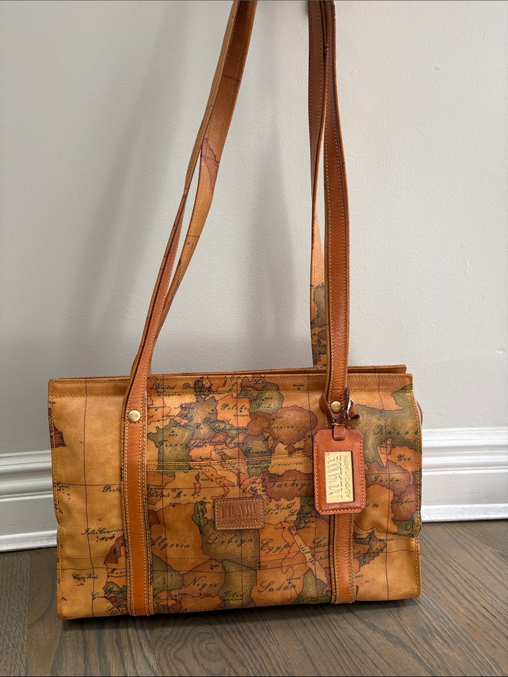 Alviero Martini Vintage Woman’s Style Brown Map-Print Shoulder Tote Bag